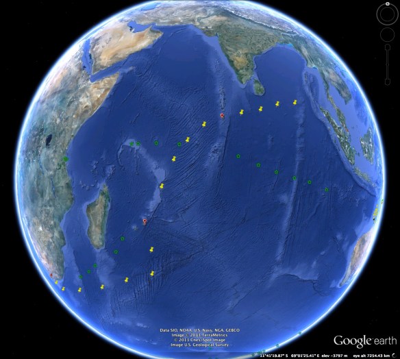 Indigo V voyage path in yellow, GOS voyage path in green