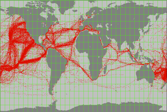 Each red dot represents on report of a yacht undertaking an ocean cruise (source http://www.pangolin.co.nz/ocean_passages)